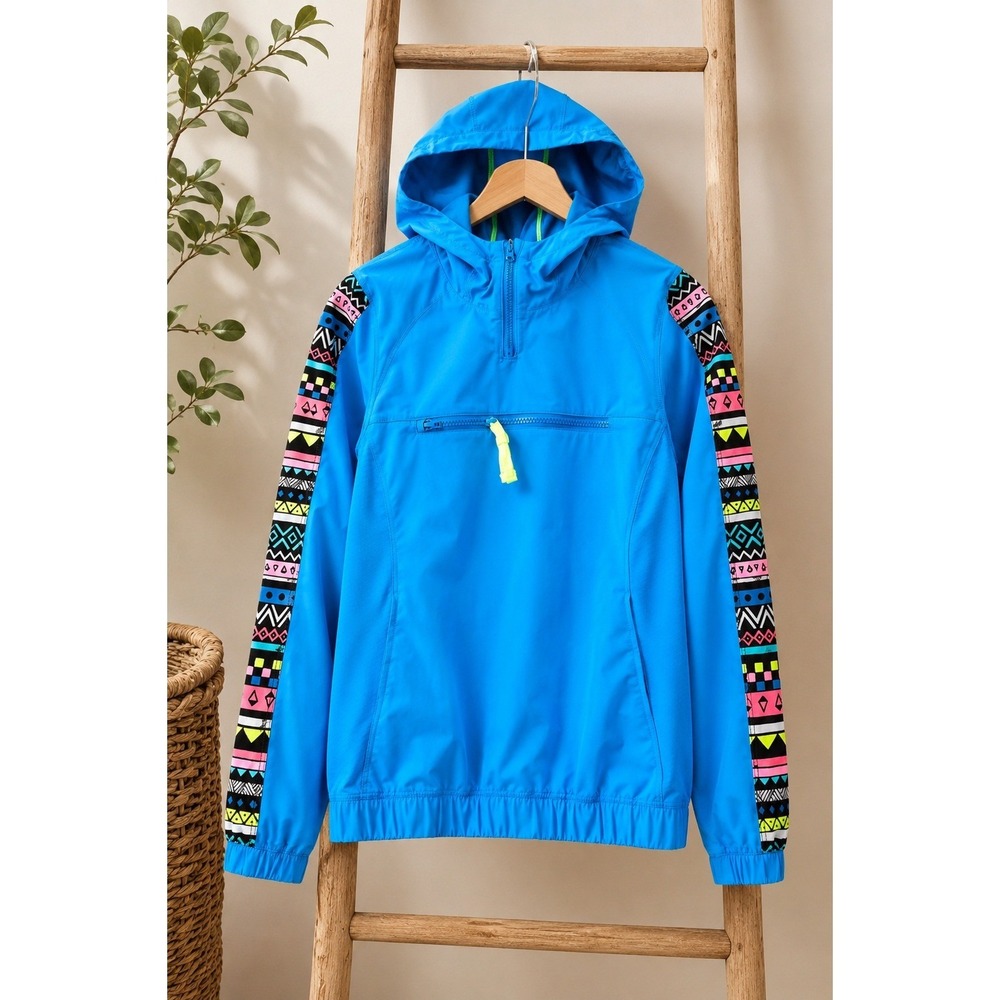 Ivivva Blue Packable Hooded Windbreaker Jacket Youth 14 Colorful Trim 80 Vibe